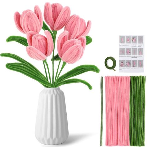 PRICES MAY VARY. Pipe Cleaner Craft Set: 100 pink pipe cleaners, 30 green pipe cleaners, 7 flower stems, 6 hot glue sticks, green floral tape, guide instructions. The pipe cleaners are beautifully colored and suitable for making bouquets. The quantity is sufficient, and the set is enough to make 5 pipe cleaner bouquets. Detailed Instructions: These pipe cleaner kits can be used to make bouquets, and the set contains easy-to-understand instructions. You can follow the video step by step to make a Pipe Cleaner Crafts For Adults, Pink Pipe, Making Bouquets, Hot Glue Sticks, Pipe Cleaner Flowers, Gift Crafts, Pipe Cleaner Crafts, Making A Bouquet, Flower Business