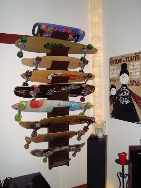 Longboard and Skateboard shelf - IKEA Hackers - IKEA Hackers Skateboard Racks Diy, Skateboard Shelf, Skateboard Holder, Skateboard Display, Skateboard Storage, Skateboard Shelves, Skateboard Room, Skateboard Rack, Diy Skateboard