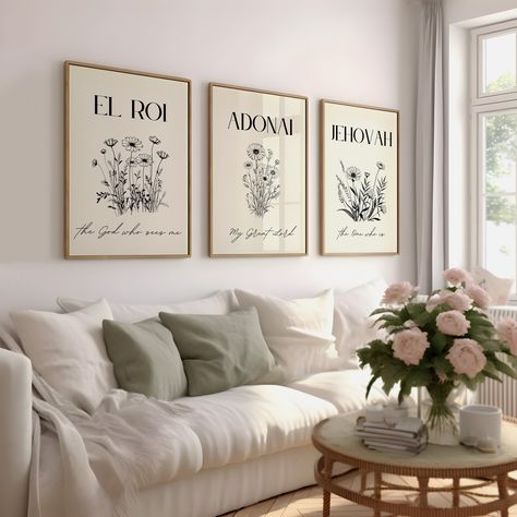 Names of God Wall Art, Adonai, El Roi, Immanuel, Jehovah Christian Wall Art, Set of 4, Christian Home Decor, Digital Download, Printable Call on the Names of God and draw nearer to His unique characteristics and roles in our lives. Inspired by the simplicity and strength in His names. This makes a great gift for a housewarming or a beautiful addition to any room of your home. This is a DIGITAL DOWNLOAD. There will not be any physical product mailed to you. With this digital download, you can ins Apartment Decor Inspo Minimalist, Church Wall Art Bedroom, Church Wall Art Living Room, Christian Home Interior Design, Wedding Wall Decor Home, Christian Gallery Wall Ideas, Simplicity Home Decor, 3 Art Pieces On Wall, Home Wall Art Ideas