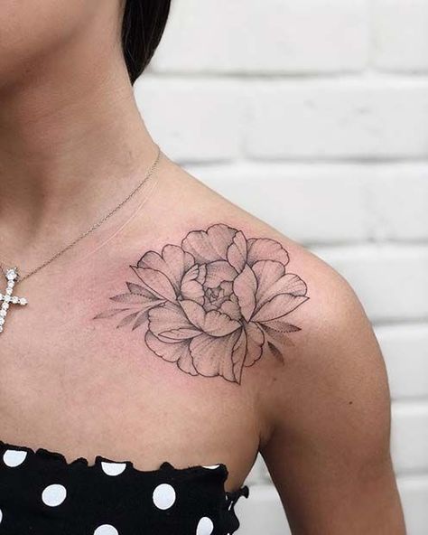 Peony Shoulder Tattoo, Pink Flower Tattoos, Beautiful Back Tattoos, Beautiful Flower Tattoos, Flower Tattoo Shoulder, Harry Potter Tattoos, Peonies Tattoo, Diy Tattoo, Wolf Tattoos