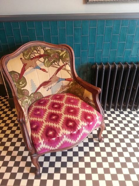 Reupholstered chair in a beautiful victorian inspired bathroom #homestyle Victorian Sofa Reupholstered, Refurbished Victorian Chair, Victorian Upholstery Fabric, Reupholster Victorian Chair, Antique Large Chairreupholstered Fabric, Reupholster Chair, Reupholster, Accent Chairs, Upholstery