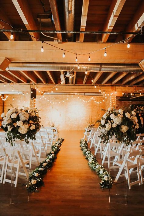 Ceremony Decorations Indoor, Edison Lights, Downtown Spokane, Washington Wedding Venues, Aisle Decorations, Industrial Chic Wedding, Ceremony Aisle, Urban Wedding Venue, Flowers Hanging