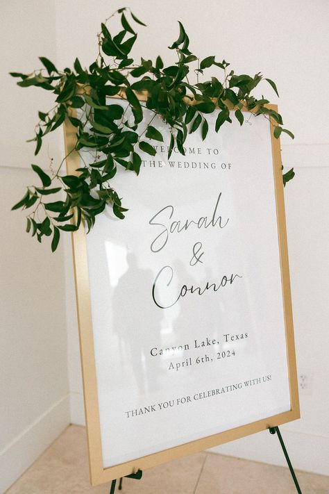 Welcome signs can get pretty over the top, but we like this simple framed poster on an A-Frame with an organic greenery accent.   See more of this Beautiful Rust & Green Wedding on Wed Society® | San Antonio. Wedding Welcome Sign With Greenery, Rust Green Wedding, Welcome Sign With Greenery, Signage Ideas, San Antonio Weddings, Welcome Signs, Wedding Welcome Signs, Wedding Frames, Wedding Floral