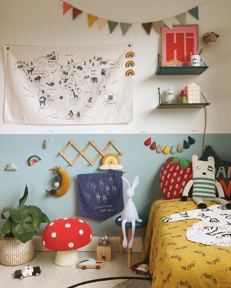 When the kids are out, I shall ‘play’ in their room, then frantically put it all back and get on with sewing 🧵 At least their room is tidy… Wall Paint Nursery, Paint Boys Room, Half Wall Paint, Strawberry Cushion, Dulux Blue, Bedroom Photography, Blue Reflection, Kids Rooms Inspo, Kids Room Inspiration