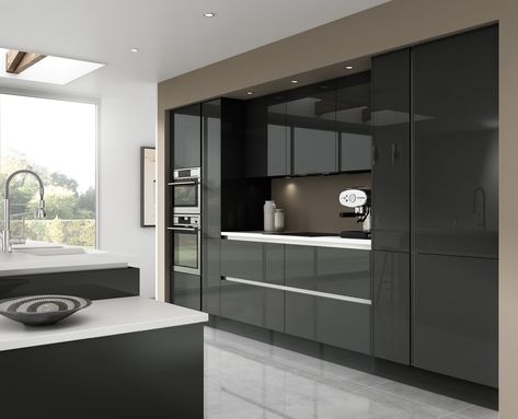 Luna - gloss dark grey really shows off a stylish modern kitchen http://www.moores.co.uk/Definitive-Kitchens/Range-Selection/Luna/124/Gloss%20Dark%20Grey/2/8 Dark Grey Gloss Kitchen, Grey Gloss Kitchen, High Gloss Kitchen Cabinets, Gloss Kitchen Cabinets, Modern Kitchen Remodel, Grey Kitchen Designs, Dark Grey Kitchen, Gloss Kitchen, Handleless Kitchen