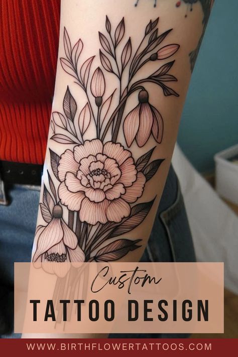 Carnation and snowdrop Flower Tattoo - January Birth Flower Design in Neo-Traditional Style Aster And Carnation Flower Tattoo, Chrysanthemum And Snowdrop Tattoo, January Flower Tattoo Carnation, Carnation Tattoo Sleeve, Calendula Flower Tattoo, Carnation And Snowdrop Flower, Snowdrop Tattoo Design, Carnation And Snowdrop Flower Tattoo, Carnation Flower Tattoo Design