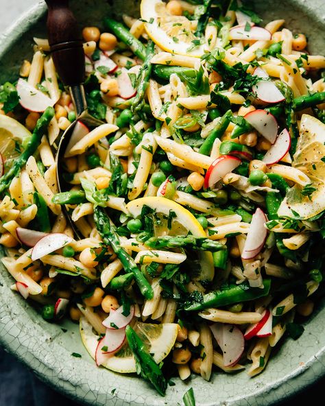 Lemony Spring Pasta Salad (vegan + nut-free) - The First Mess French Pasta Salad, Spring Vegan Meals, Spring Pasta Salad Recipes, Plant Based Pasta Salad, Vegetable Pasta Salad, Vegan Spring Recipes, Vegan Pasta Salad Recipes, Spring Veggie Pasta, Vegan Pasta Primavera Recipes