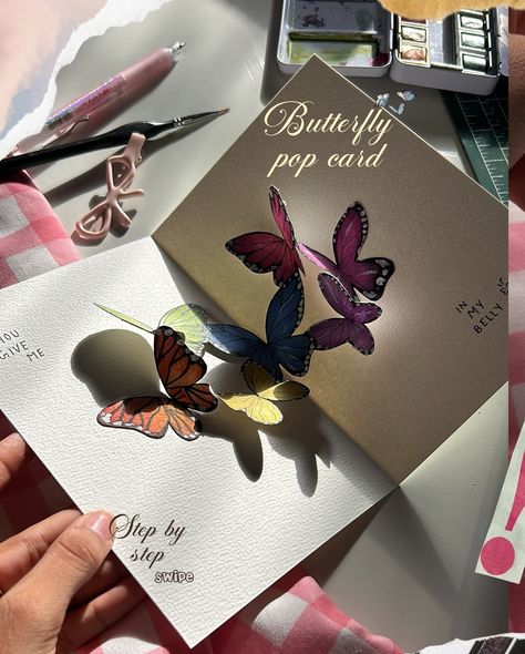 Vinita more | Pop up butterfly card🎀 slower tutorial?? Comment below if you need one and i’ll dm you with it😙😙 but this turned out superrrr cute, you… | Instagram Butterfly Pop Up Card, Three Butterflies, Card Aesthetic, Aesthetic Gifts, Tarjetas Pop Up, Aesthetic Birthday, Diy Butterfly, Diy Envelope, Cute Card