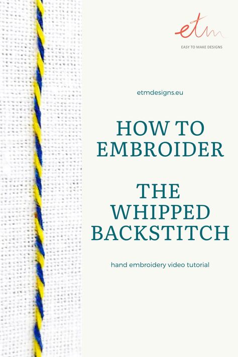 A whipped backstitch is an embroidery stitch made in two steps. First, we embroider a simple backstitch and then whip it with another thread. Whipped backstitch in modern hand embroidery can be used for outlines, border designs or lettering. Watch a video tutorial to learn how to embroider this stitch or Pin for later! Backstitch Tutorial, Whipped Backstitch, Modern Hand Embroidery, Embroidery Online, Embroidery Lessons, Whip It, Embroidery Stitch, Hand Embroidery Videos, Hand Embroidery Tutorial