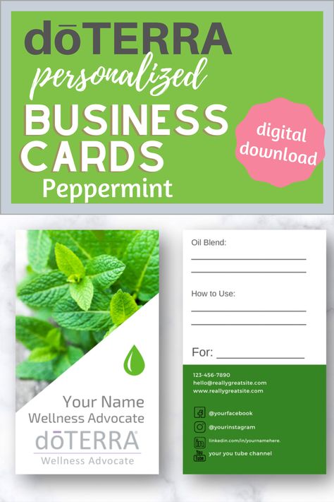 Get a Professional doTERRA Business Card with your personal information on it. Your email, website, and social media profiles are included on this Peppermint doTERRA Business card along with space to write a custom blend for your customer, how to use the essential oil blend, and what it is for. Your customer will fall in love with the blend and contact you for more. This doTERRA Business card has a beautiful Peppermint theme. Other themes available. Receive a digital file to send to a printer. Peppermint Doterra, Doterra Business Cards, Doterra Business, Professional Business Card, Essential Oil Blend, Creating A Business, Doterra Essential Oils, Professional Business Cards, Essential Oil Blends