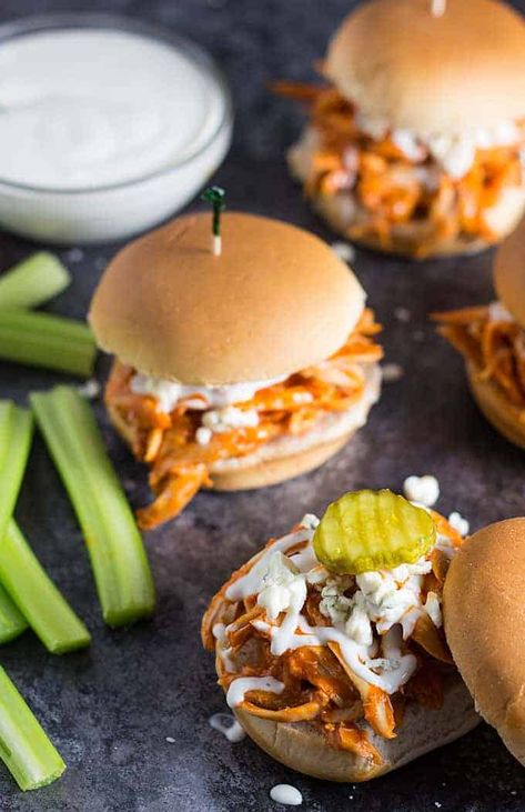 Using a store-bought rotisserie chicken slashes time for the perfect game day sliders! Shredded Buffalo Chicken Sliders, Buffalo Chicken Sliders Recipes, Easy Slider Recipes, Sliders Recipes Chicken, Shredded Buffalo Chicken, Braised Chicken Breast, Comfort Recipes, Buffalo Chicken Sliders, Buffalo Chicken Sandwiches