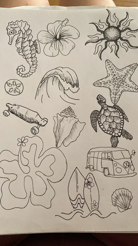 #beach #drawing #doodle #sealife #oceanlife #ocean #sea #aloha Beach Life Drawing, Random Small Things To Draw, Ocean Cute Drawing, Drawing Inspiration Doodles, Cute Things To Draw In Your Journal, How To Draw The Sea Water, Collage Doodle Art, Drawings That Describe Me, Easy Quick Drawings Ideas