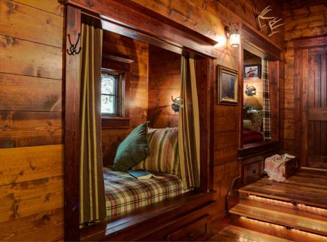 I need one of those to hide from kids. Too bad that kids will probably occupy it and I won't get a chance to read more. Log Home Interior, Sleeping Nook, Bed Nook, Bunk Rooms, Cabin Interiors, Murphy Beds, Cabin Living, Little Cabin, Traditional Bedroom