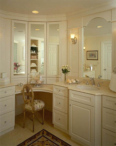 Timeless detailing, in this classic master bath. Corner Master Bath, Master Bath Corner Vanity, Makeup Vanity Corner, Classic Master Bath, Vanity Corner, Master Vanity, Corner Bathroom Vanity, Master Bath Vanity, Large Bathroom