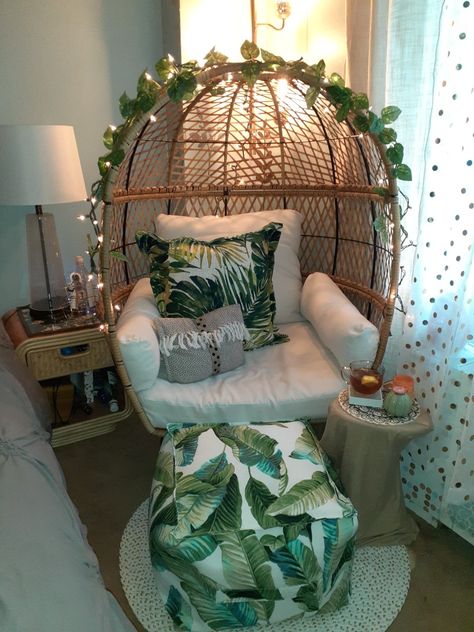 Made a oasis in my bedroom.  Soft lighting with faux greenery.  Palm print decor  . Tropical Outdoor, Vacation Tropical, Outdoor Pouf, Faux Greenery, Print Decor, My Bedroom, Tropical Design, White Backdrop, Framed Fabric