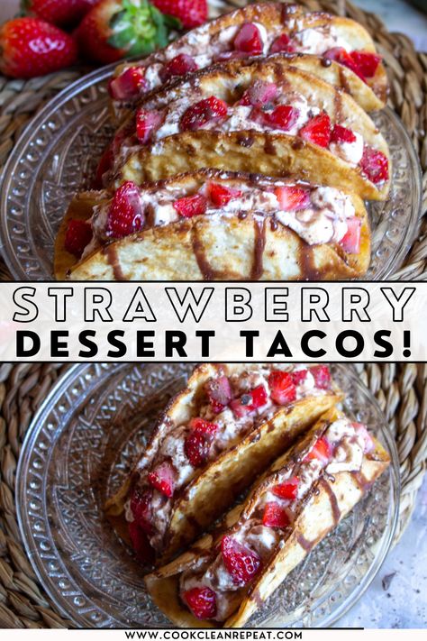 These delicious dessert tacos are stuffed with cream filling and strawberries and topped with a sweet drizzle. They are a tasty treat everyone will love! Give these strawberry dessert tacos a try today, make some extras to share! Strawberry Tacos Recipe, Nutella Dessert Tacos, Soft Taco Shell Desserts, Mexican Gourmet Desserts, Desserts That Go Well With Tacos, Sweet Tacos Desserts, Mini Strawberry Cheesecake Tacos, Fruit Tacos Desserts, Strawberry Taco Dessert