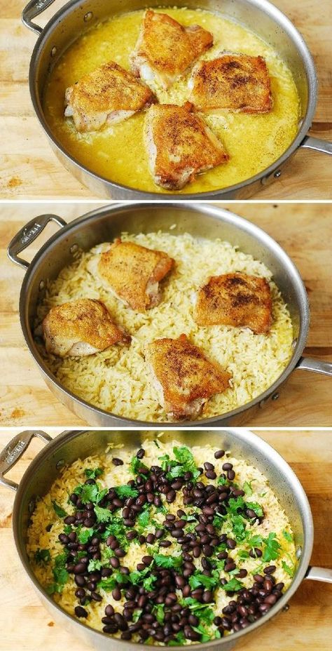 Chicken Thighs with Cilantro-Lime Black Bean Rice – flavorful, delicious, gluten free recipe! Very easy to make, everything is done in one-pot, on stove-top, no need to turn on the oven! #chicken #chickenthighs #cilantro #lime #blackbeans #cilantrolime #chickendinner One Pot Chicken And Rice Stove, One Pot Stove Top Meals, Lime Chicken And Rice, Stove Top Chicken Thighs, Chicken Thigh And Rice Recipe, Beetroot Brownies, Black Bean Rice, Stove Top Chicken, Bean Rice