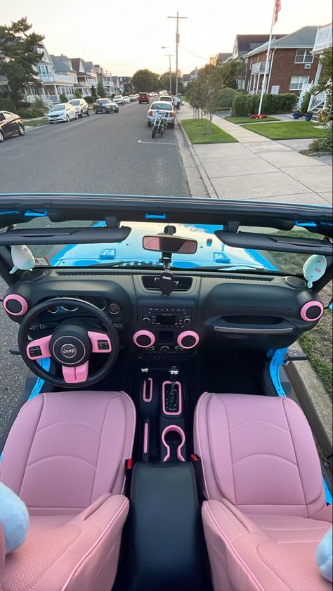 Pink Interior 
Blue Jeep
No Doors
Aesthetically Pleasing Jeep Pink Interior, White Jeep Pink Interior, Jeep Wrangler Pink Interior, Pink Car Interior Ideas, White Jeep Pink Accents, Cute Jeep Interior, White And Pink Jeep, Hot Pink Jeep Wrangler, White Jeep With Pink Accents