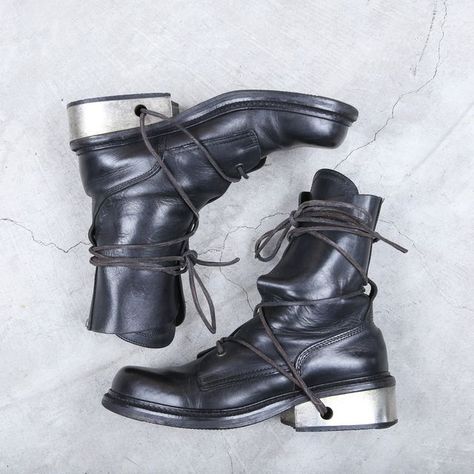 Akaibu on Instagram: "Dirk Bikkembergs Boots Metal Lace Through Heel in Black All boots will be going for sale on Saturday, January 14, 1:00PM EDT (GMT- The Dirk Bikkembergs metal lace-through heel boots are amongst his most popular boots that were iterated. It features Dirks classic aspects, such as an intricate lacing system, tall black leather shaft, leather laces & most of all a metal platform heel. Introduced in the late 90s the lace-through heels saw multiple variations deriving from thi Metal Boots, Boots Metal, Dirk Bikkembergs, Francoise Hardy, Popular Boots, Charlotte Gainsbourg, Jane Birkin, Metal Lace, Late 90s