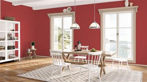 Look at the paint color combination I created with Benjamin Moore. Via @benjamin_moore. Walls: Currant Red 1323; Trim: Pensive AF-140. Paper White Benjamin Moore, White Interior Paint, Best Gray Paint, Yellow Dining Room, Red Paint Colors, Warm Paint Colors, Red Dining Room, Potters Clay, Color Combinations Paint