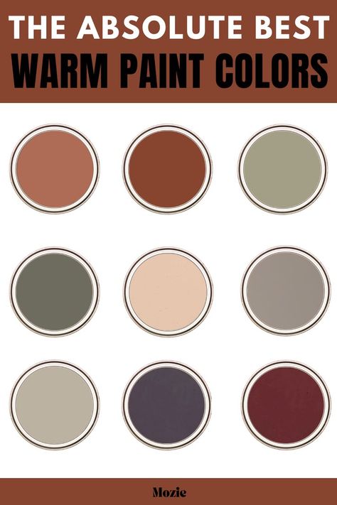 These are out absolute favorite warm paint colors to create a cozy home. Cozy Farmhouse Color Palette, Earthy Home Paint Colors, Earthtone Home Decor, Paint Color Pallets For The Home, Warm Tone Paint Colors, Warm Moody Bedroom, Warm Kitchen Colors For Walls, Warm Brown Paint Colors, Rustic Color Palette For Home