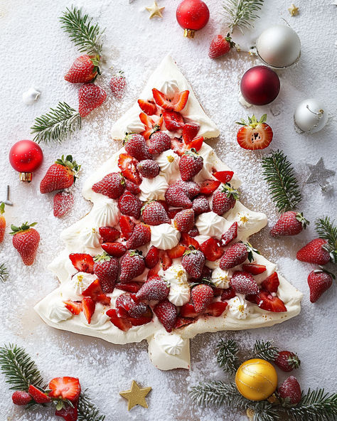 Festive Pavlova Christmas Tree with crisp meringue, whipped cream, strawberries, and passionfruit. A showstopping holiday dessert! Pavlova Tree, Festive Pavlova, Christmas Pavlova Ideas, Pavlova Christmas, Christmas Pavlova, Strawberry Pavlova, Pavlova Dessert, Christmas Strawberry, Chocolate Melts