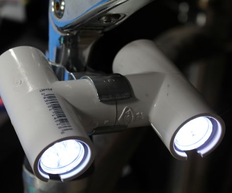 If you have ever looked at bike lights you already know, they are expensive! I found myself in need of a light, and unwilling to pay a high price. So I did what I often do, I stopped at the hardware store and got to work! As with all of my projects, I made it at TechShop! (http://www.TechShop.ws) Bike Accessories Diy, Bike Gadgets, Electric Bike Diy, Bike Hacks, Biking Diy, Pvc Pipe Projects, Pvc Projects, Construction Diy, Bike Light