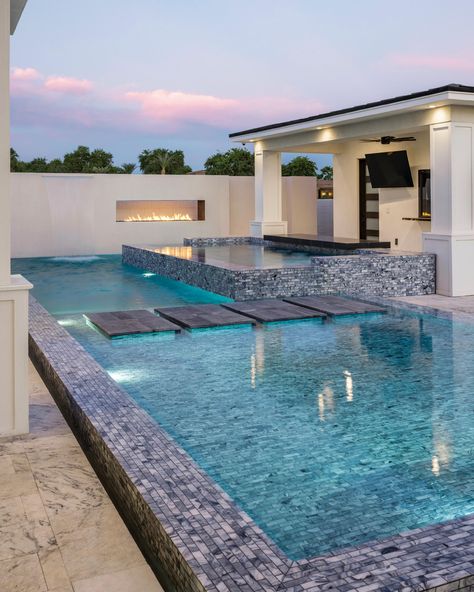 Transform your backyard into a luxurious oasis with our beautiful pool tiles! Get ready to be blown away by the stunning upgrade to your pool. Birthday Gift Baskets, Beautiful Pools, Swimming Pool Designs, Pool Tile, Pool Designs, Oasis, Future House, Swimming Pools, Dream House