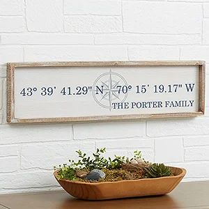 Personalized Wood Wall Art | Personalization Mall Latitude And Longitude, Distressed Font, Distressed Walls, Personalized Wall Decor, Barnwood Wall, Wood Frame Construction, Personalized Housewarming Gifts, Farmhouse Style Sign, Latitude Longitude