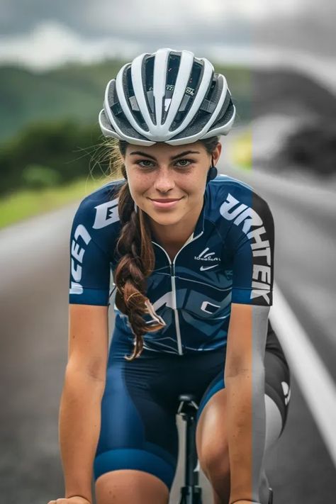 Full Color Image in ai-img-gen.com 🔸 Create a natural image of the most beautiful female cyclist in the world, photographed from the fron... 🔸 From Midjourney AI Image White Helmet, Natural Image, Female Cyclist, Cycling Kit, Color Image, Colour Images, Young Woman, Her Hair, Most Beautiful