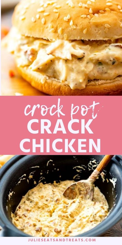 Crack Chicken is a delicious combination of shredded chicken, cream cheese, Ranch seasoning, cheese and bacon! It's slow cooked in your crock pot and is the perfect quick and easy sandwich filling for busy weeknight meals or quick lunches. #crack #chicken Crackin Chicken Crockpot, Chicken Sandwich In Crockpot, Shredded Chicken With Cream Cheese, Easy Crock Pot Lunch Ideas, Cheesy Chicken Sandwiches Crockpot, Crockpot Cheesy Chicken Sandwiches, Creamy Shredded Chicken Crockpot, Crock Pot Chicken With Cream Cheese And Ranch Dressing, Crock Pot Meals With Cream Cheese