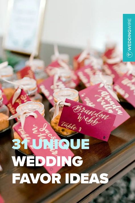 Say goodbye to boring wedding favors that get left behind. Here are our favorite unique wedding favors options to wow your guests. November Wedding Favors For Guests, Cheap Wedding Favor, Handmade Wedding Favors For Guests, Fun Wedding Reception Ideas Party Favors, Parting Gifts For Wedding Guests, His Her Favorite Wedding Favors, Funny Wedding Favors For Guests, Cost Effective Wedding Favors, Wedding Swag Bags