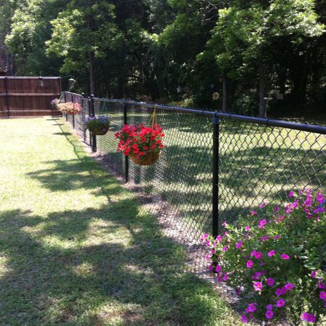 My hanging baskets on the chain link fence.  Adding more soon! Landscaping Around Chain Link Fence, Chain Link Fence Planter Boxes, Bamboo Screening Fence, Black Chain Link Fence, Chain Fence, Backyard Fence Decor, Types Of Fences, Front Yard Fence, Fence Art