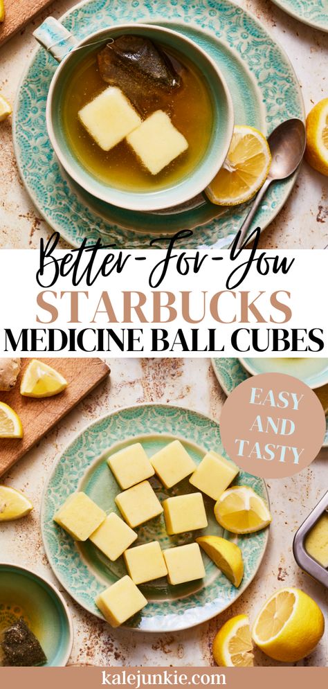 These Better-For-You Starbucks Medicine Ball Cubes are perfect for boosting your immune system in flu season and in the colder winter months! This recipe is a simple and easy take on the classic Starbucks drink and it’s made without refined sugars! There are only 5 simple ingredients in this recipe, so give it a try today! Starbucks Immunity Drink, Immunity Cube Recipe, Best Medicine For Colds, Medicine Ball Drink Diy, Cold Care Tea, Ginger Cubes Recipe, What To Drink When You Have A Cold, Foods For Congestion, Starbucks Wellness Tea