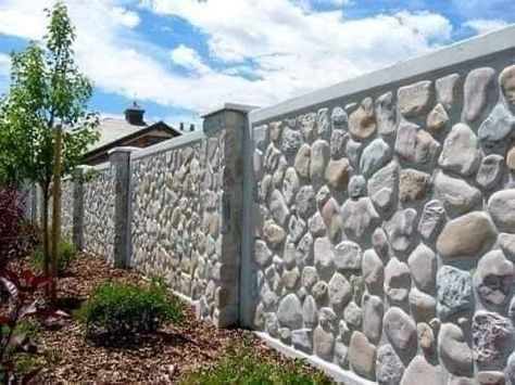 Concrete Fences, Diy Stone Wall, Brick Wall Gardens, Fence Wall Design, Compound Wall Design, Gate Wall Design, Privacy Wall, Fence Gate Design, Stone Fence