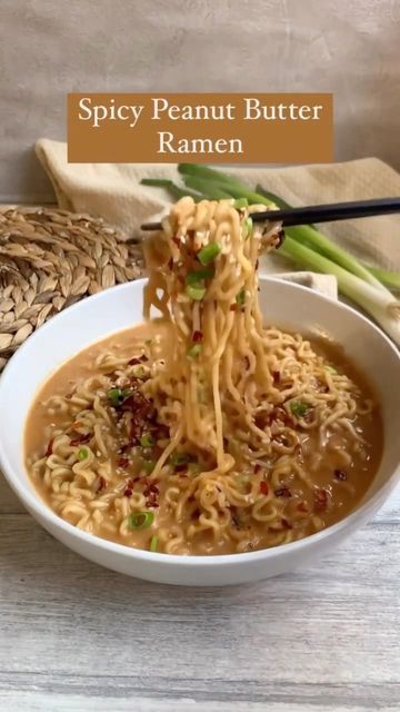 Vegan Food Recipes on Instagram: "SPICY PEANUT BUTTER RAMEN🍜🌶🥜 By @theegyptianplanteater Recipe: Ingredients: - 1 pack instant noodles, - 1 tbsp oil - 2 garlic cloves - 1tbsp sesame seeds - 1tbsp chilli flakes - 1tbsp (heaped) peanut butter - Noodle water (amount depending on how much soup you like) - 1tbsp vinegar (I’d recommend rice vinegar/ white wine/ cider - 1-2tbsp dark soy sauce - 1tbsp sweetener - I used agave but you can use/ sugar/ maple syrup Method: - boil your noodles Rice Noodle Ramen Recipe, Spicy Peanut Butter Ramen, Spicy Peanut Butter, Peanut Butter Ramen, Vegan Food Recipes, Dark Soy Sauce, Ramen Noodle Recipes, Buttered Noodles, Spicy Peanuts