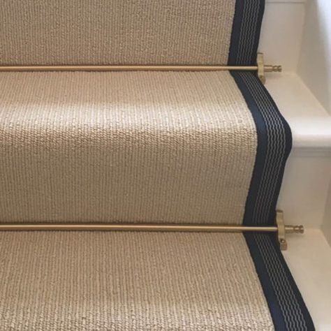 Taped Stair Runner | Bespoke Stair Carpet | Higherground Taped Stair Runner, Fun Stair Runner, Carpet On Stairs With Wood Floors, Beige Stair Runner, Stair Runner Rods, Stair Carpets, Striped Stair Runner, Stair Layout, Stairs Covering