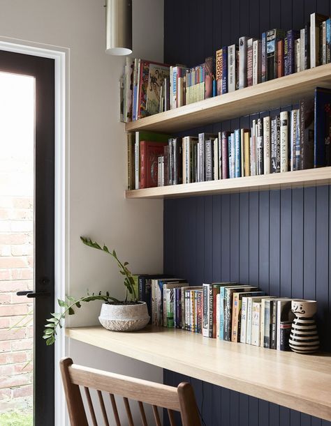 study nook. F&B black railings tongue and groove panel wall, wood shelves, wood wall hung desk top, black window, wood chair Study Feature Wall, Wall Hung Bookshelves, Wall Hung Desk, Bookshelves Over Desk, Study Nook Hallway, Feature Window, Vertical Shiplap, Wood Desk Top, Desk Nook