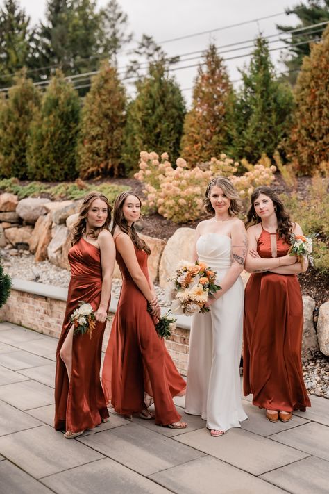 Perona Farms Wedding, Wedding Ideas Unique, Perona Farms, Bridesmaid Poses, The Refinery, Bride And Her Bridesmaids, Wedding Farm, Orange Bridesmaid, Orange Bridesmaid Dresses