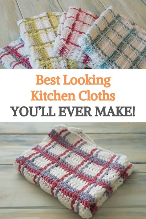 Crochet Plaid Washcloth, How To Crochet Plaid, Tartan Plaid Crochet Free Pattern, Cottage Style Crochet, What To Make With Crochet Thread, Crocheted Kitchen Items, Crochet Wash Clothes, Easy Crochet Hot Pads, Tartan Crochet Pattern