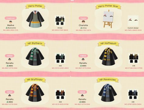 ACNH robe and face paint QR codes   #harrypotter #slytherin #gryffindor #hufflepuff #ravenclaw Animal Crossing 3ds, Animal Crossing Funny, Ac New Leaf, Animal Crossing Guide, Animal Crossing Qr Codes Clothes, Animal Crossing Characters, Qr Codes Animal Crossing, Animal Crossing Villagers, Harry Potter Outfits