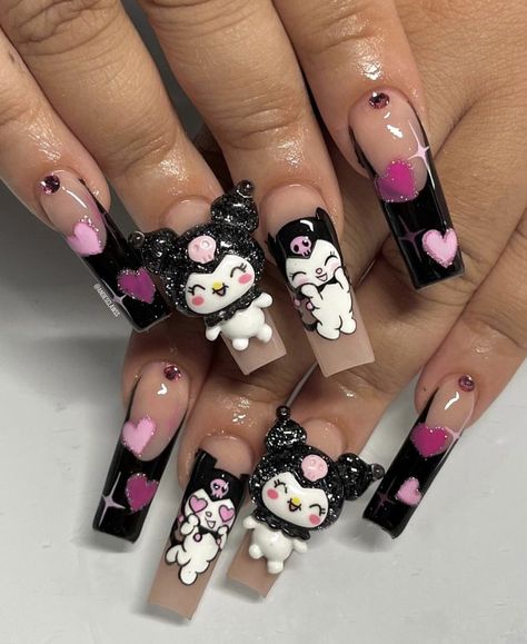 Hk Nails, Sanrio Nail Art Kuromi, Cute Nails Kuromi, Kuromi Acrylic Nails, Uñas Kuromi, Kuromi Nails Acrylic Black, Kuromi Nail Art, Sanrio Nails Acrylic Kuromi, Kuromi Nails