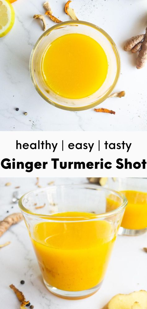 This immune-boosting spicy ginger turmeric shot recipe is easy and quick to make with a blender. No juicer needed. A tasty and spicy lemon ginger turmeric shot recipe. #immunebooster #gingershot #healthyrecipe #wellnessshot #turmericshot Lemon Ginger Turmeric Shots, Ginger Shots Recipe, Ginger Turmeric Shots, Lemon Ginger Turmeric, Healthy Shots, Ginger Tumeric, Health Shots, Lemon Shots, Ginger Shot Recipe