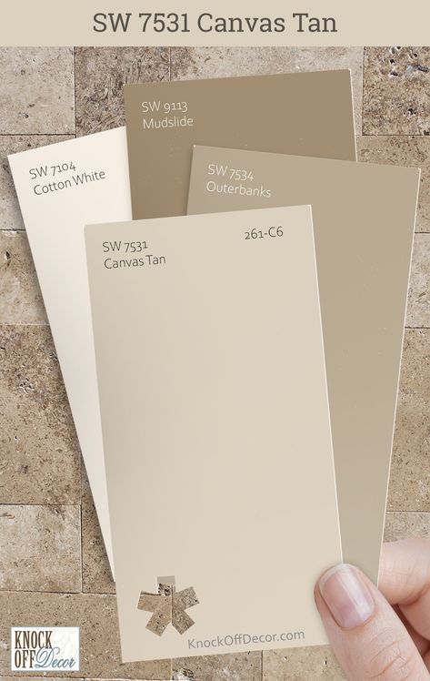 Sherwin-Williams Canvas Tan paint chips for tile color scheme Yellow Tan Paint Color, Light Tan Paint Colors Sherwin Williams, Accessible Beige 50% Lighter, Caramel Paint Color, Sherwin Williams Beige Colors, Sherwin Williams Canvas Tan, Cream Colored Walls, Coordinating Paint Colors, Tan Paint Colors