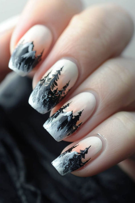 Snowy Mountain Peaks: Nail Art For Winter Winter And Christmas Nails, Mountain Wedding Nails, Winter Forest Nails, Canada Nails Designs, Winter Tree Nails, Alaskan Nails, Mountain Nails Designs, Chill Nails, Alaska Nails