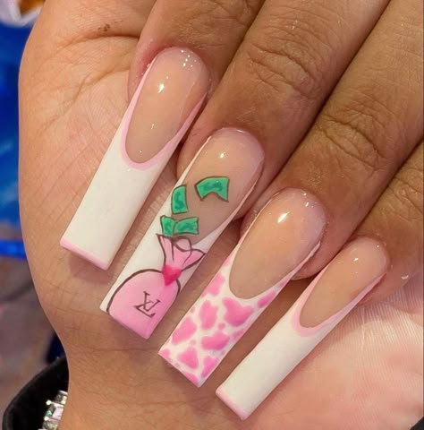 Bichota Season Nails, Money Sign Nails, Money Bag Nails, Bratz Inspired Nails, Bratz Nails Design, 90s Cartoon Nails Acrylic, Simple French Tip, Money Nails Designs, Creatures Drawing