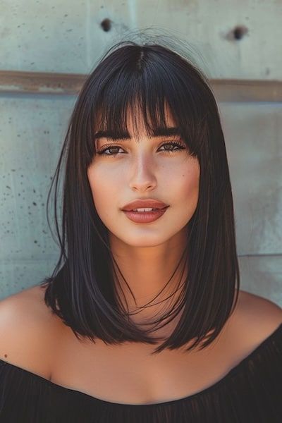 35 Stunning Medium-Length Hairstyles with Bangs - The Hairstyle Edit Tall Face Hairstyle, Short Bangs On Long Hair, Bangs Full Face, Shoulder Length Haircut With Fringe, Dark Hair Lob With Bangs, Medium Hair With Full Bangs, Lob With Bangs Straight Hair, Dark Lob With Bangs, Long Bob Bangs Hairstyles