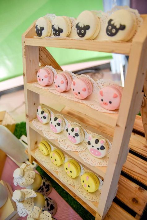 Farm Animal Macarons, Farm Party Ideas Girl, Farm Party Dessert Table, Farm Third Birthday Party Girl, Baby Shower Ideas Farm Animals, Farm Birthday Desserts, Farm Theme 1st Birthday Girl, Pastel Farm Birthday, Farm Macarons