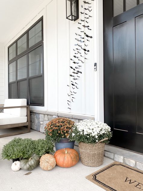 Halloween front porch, sticky bats, halloween bats, faux pumpkins, fall porch, mums, front porch mums Mums Front Porch, Porch Mums, Farmers Porch, Bat Decor, Bat Wall, Bats Halloween, Halloween Front Porch, Faux Pumpkins, Fall Porch