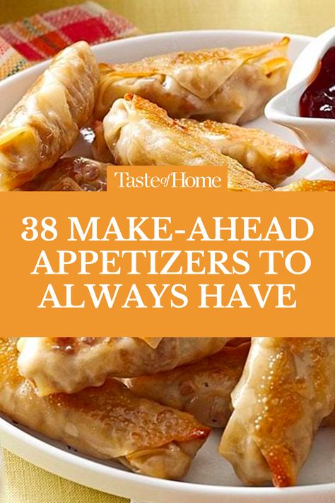 Be prepared for parties and potlucks with make-ahead appetizer recipes that can be prepped the night before. #appetizers #potluck #easyrecipes #foodies Unique Restaurant Appetizers, Pre Homecoming Party Ideas Food, Up Scale Appetizers, Yummy Appetizers Appetizer Ideas, Taste Of Home Appetizers, Hearty Snacks For A Crowd, Make Ahead And Freeze Appetizers, Freezer Appetizers Make Ahead, Appetizer Party Menu Ideas